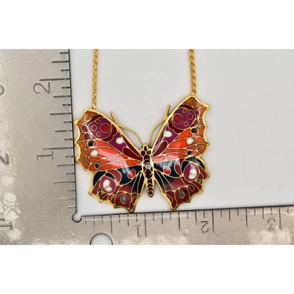 Vintage Cloisonné Butterfly Pendant Necklace Monarch Red Gold Heavy 1970s BinBL